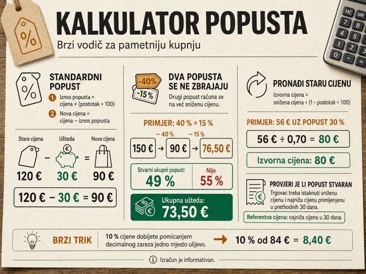Infografika kalkulatora popusta: formule za standardni i dvostruki popust, obrnuti izračun i zakonska referentna cijena